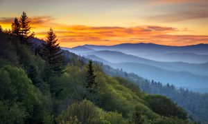 Great Smoky Mountains National Park Scenic Sunrise Landscape at Oconaluftee Overlook between Cherokee NC and Gatlinburg TN